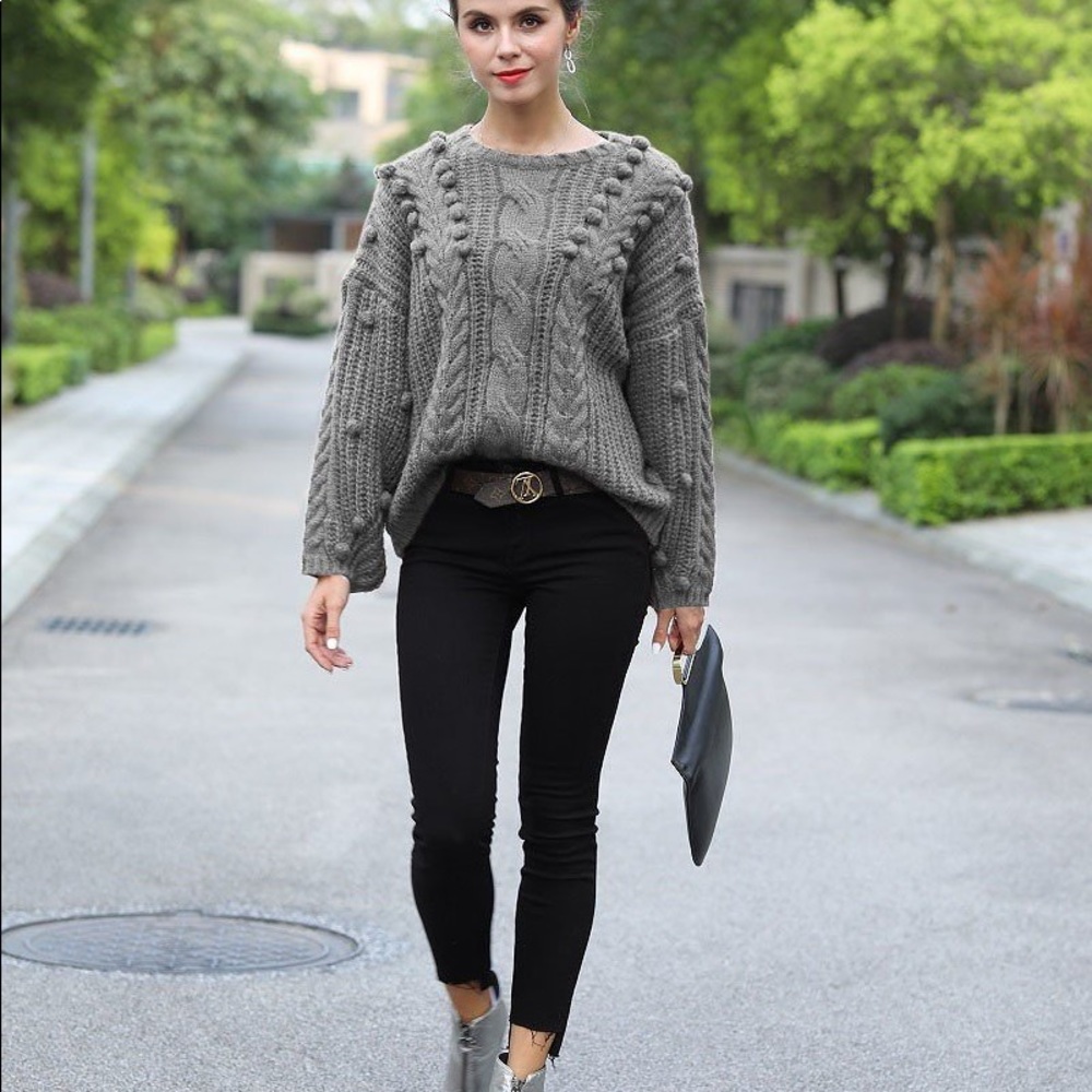 $ FIRM 🌷Black Cable Knit and Pom Pom Sweater - Picture 2 of 8